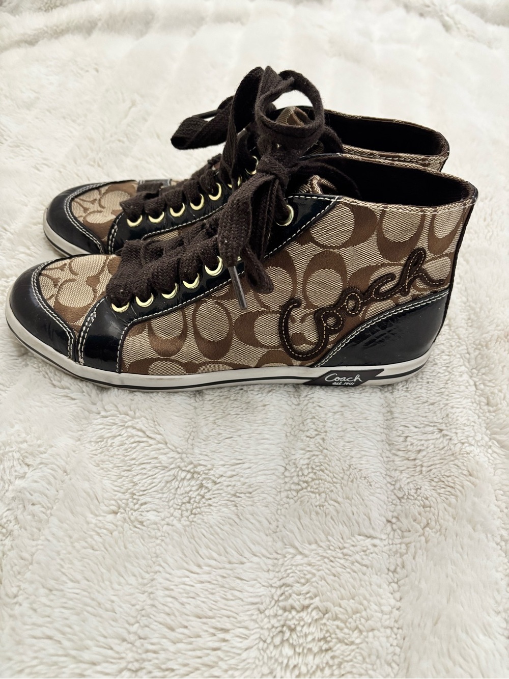 Coach High-Top Signature Canvas Sneakers in Tan and Dark Brown Size 7.5 - Picture 5 of 14